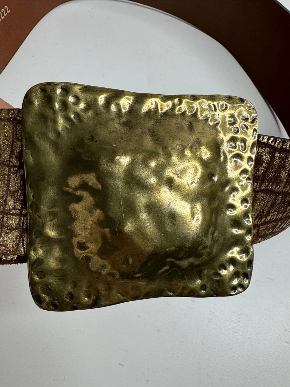 Chico’s Genuine Leather Wide Croc Embossed Belt with Hammered Brass Buckle